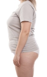 Photo of Weight loss. Plus size woman on white background, closeup