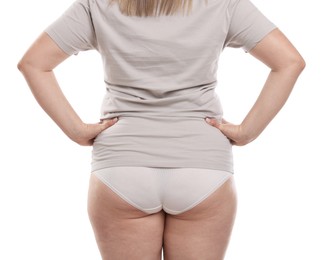 Photo of Weight loss. Plus size woman on white background, closeup