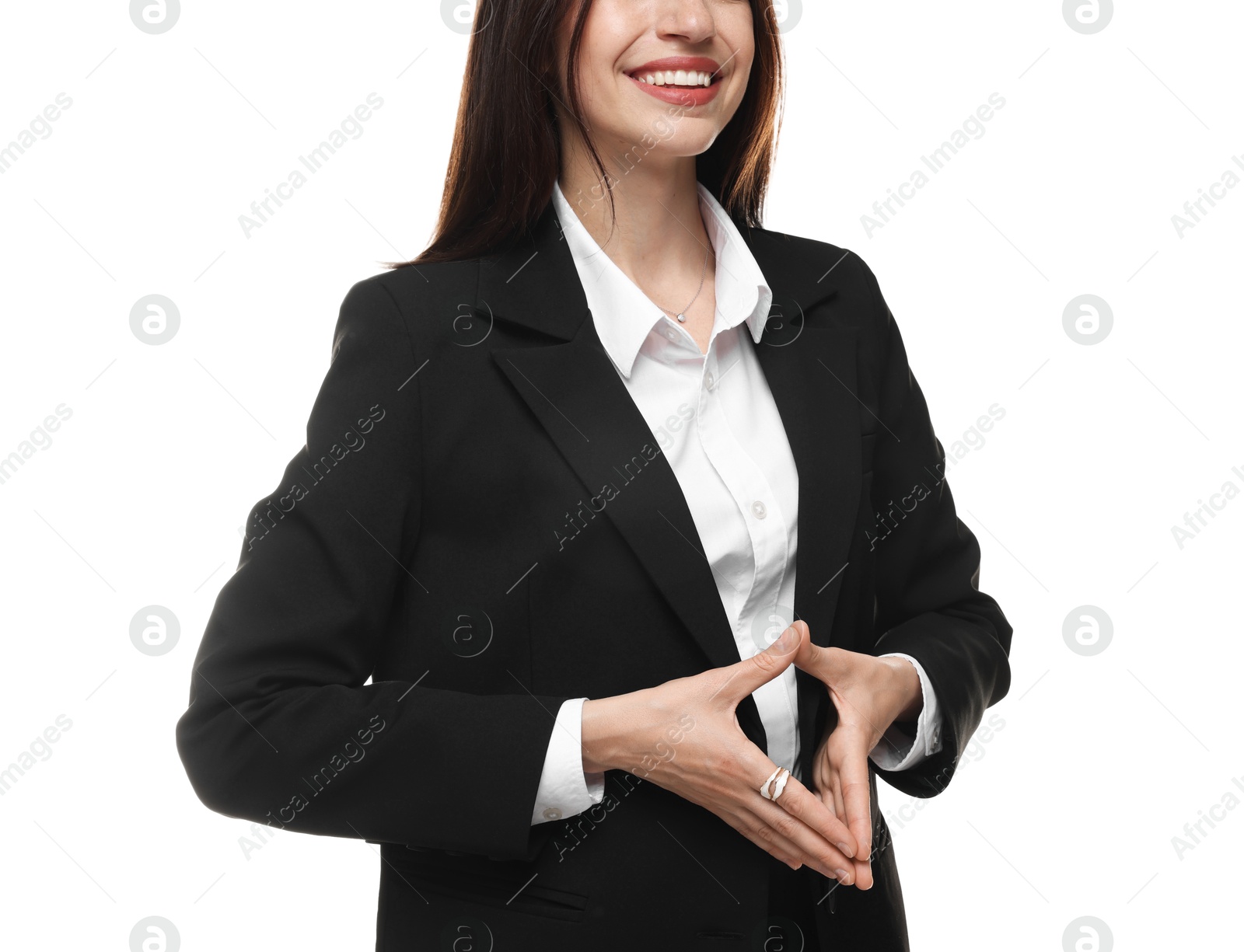 Woman in suit on white background, closeup Photo of Woman in suit on white background, closeup