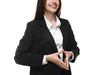 Photo of Woman in suit on white background, closeup