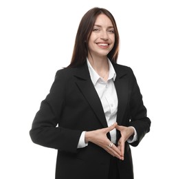 Photo of Happy woman in suit on white background