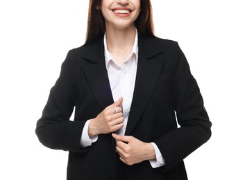 Photo of Woman in suit on white background, closeup