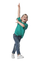 Photo of Happy little boy dancing on white background