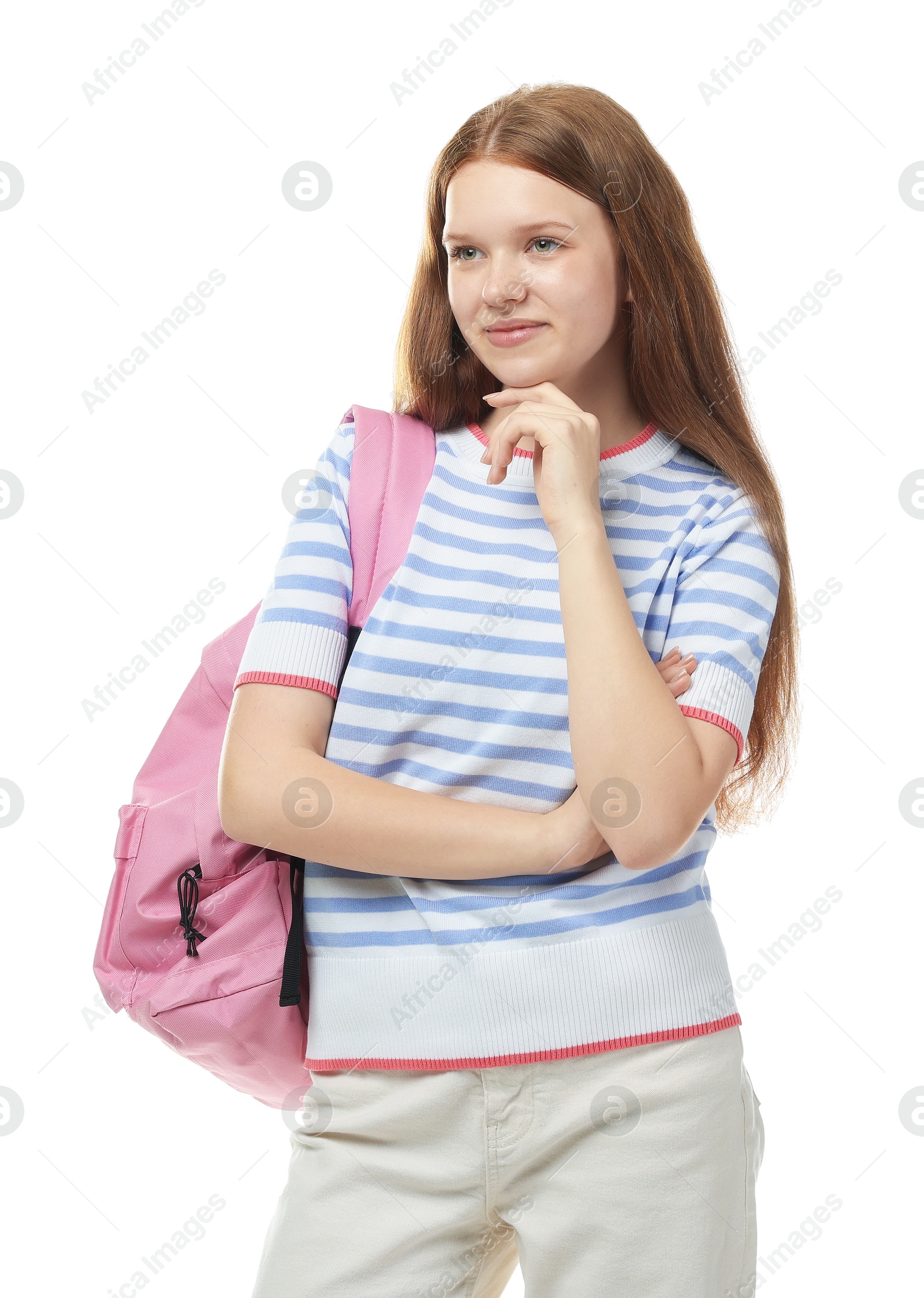 Teenage girl with backpack on white background Photo of Teenage girl with backpack on white background
