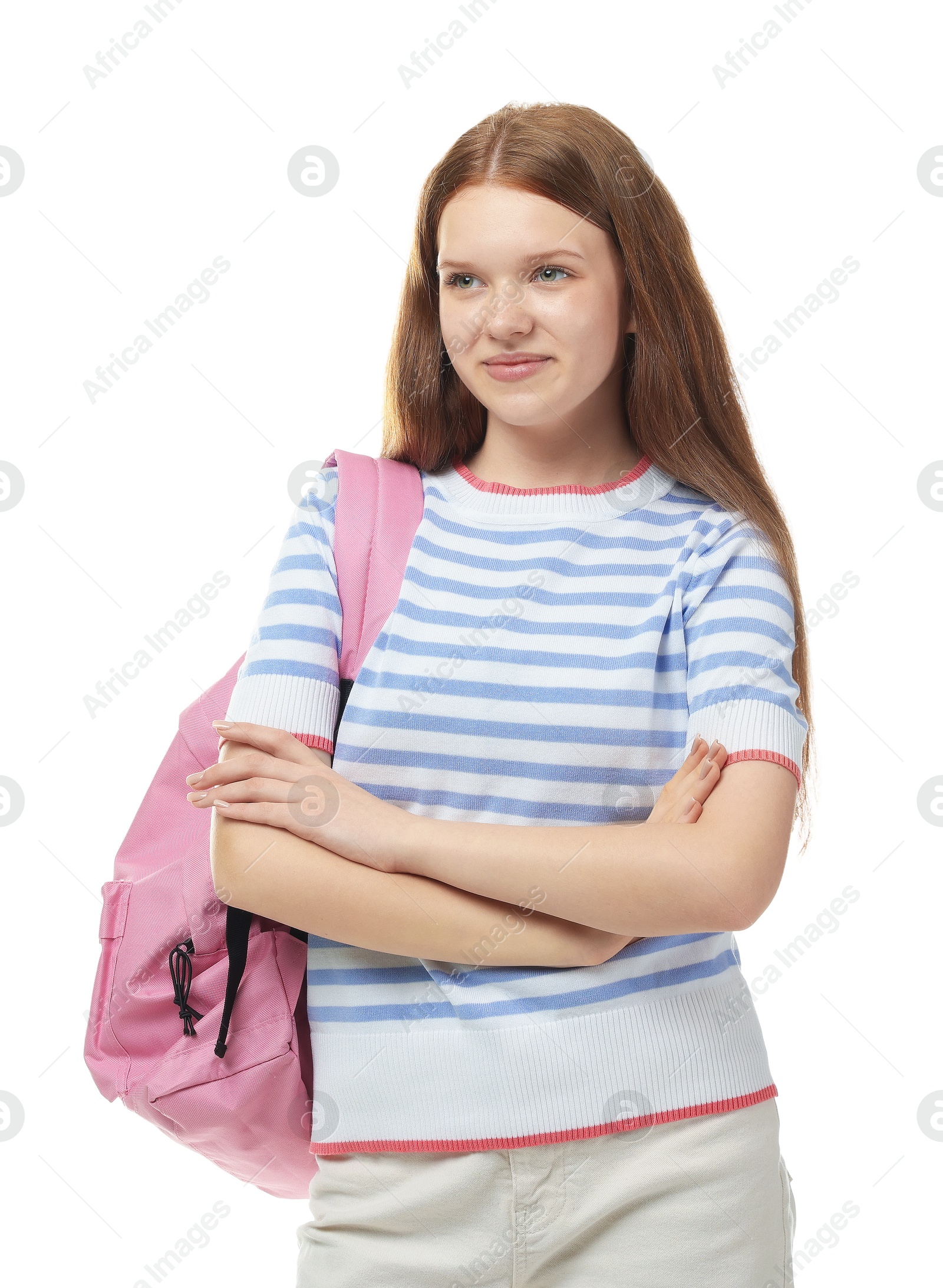 Teenage girl with backpack on white background Photo of Teenage girl with backpack on white background