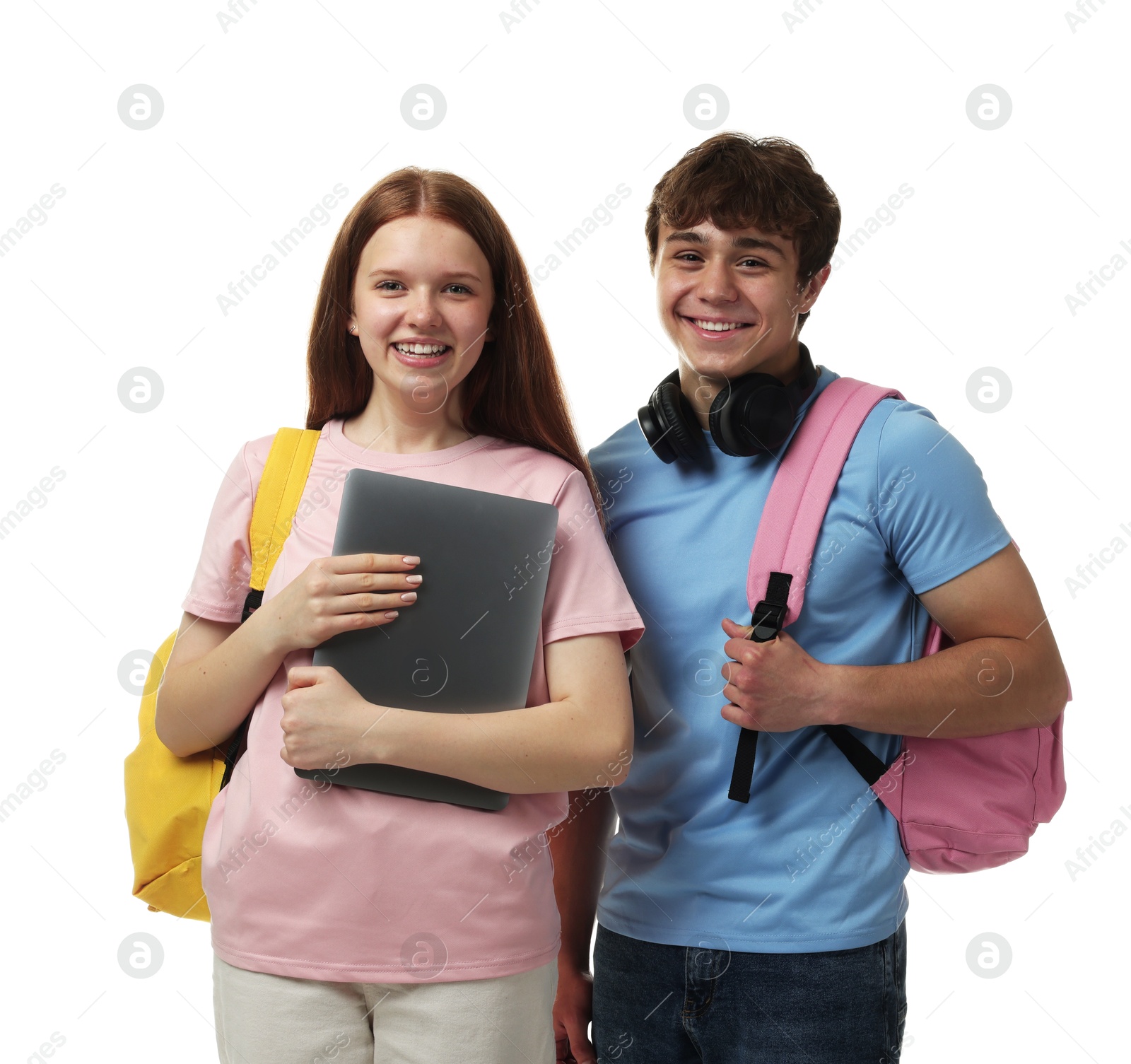 Photo of Teenage girl and boy with laptop on white background