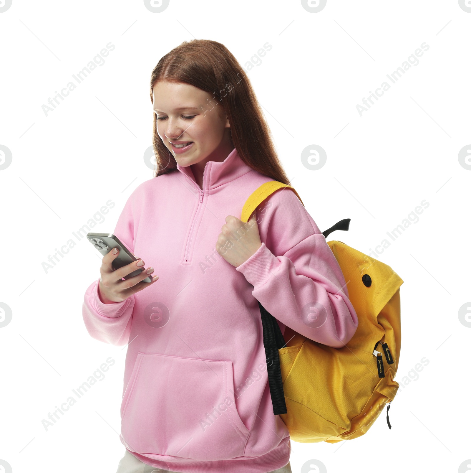 Teenage girl with smartphone on white background Photo of Teenage girl with smartphone on white background