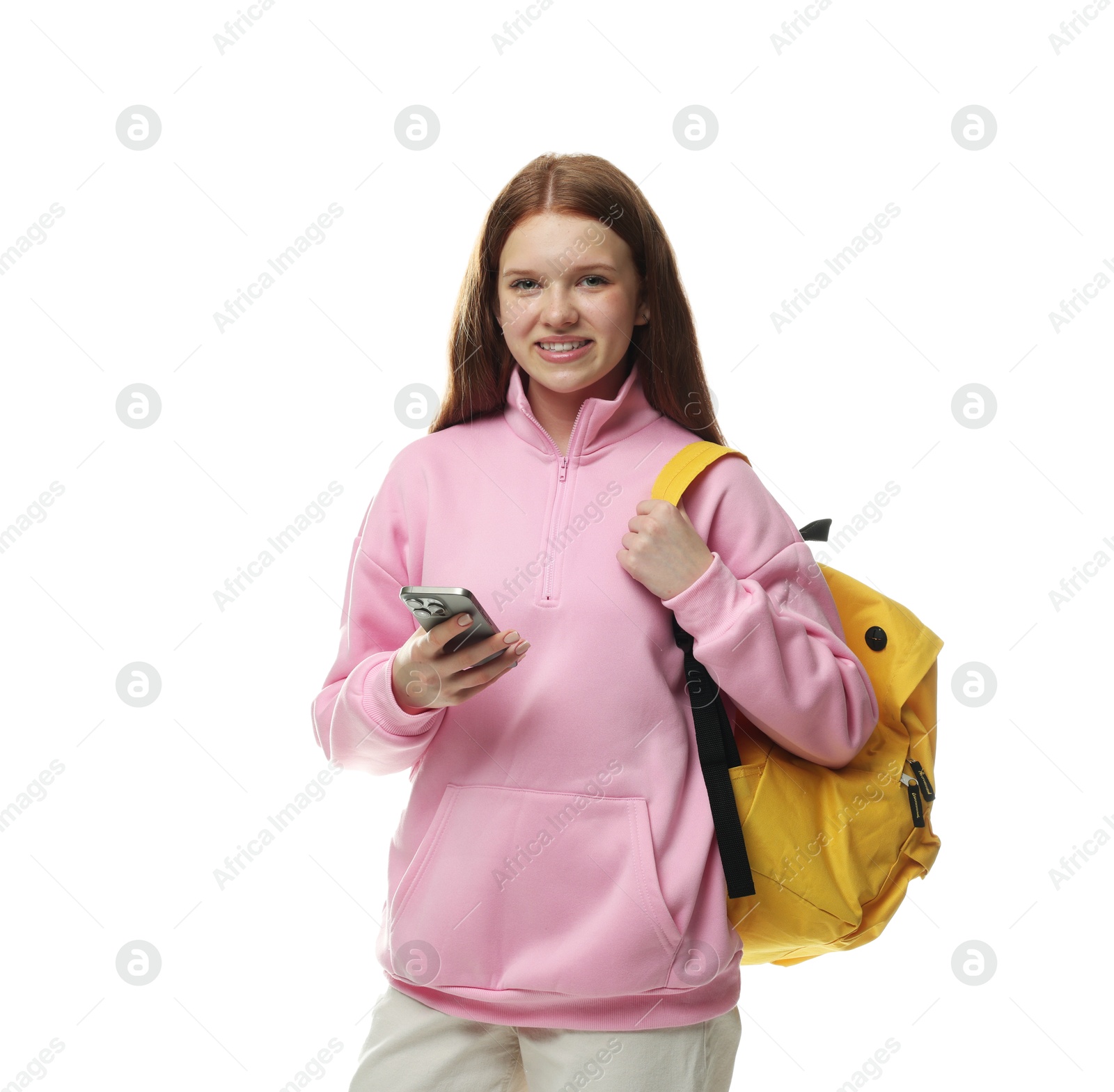 Teenage girl with smartphone on white background Photo of Teenage girl with smartphone on white background