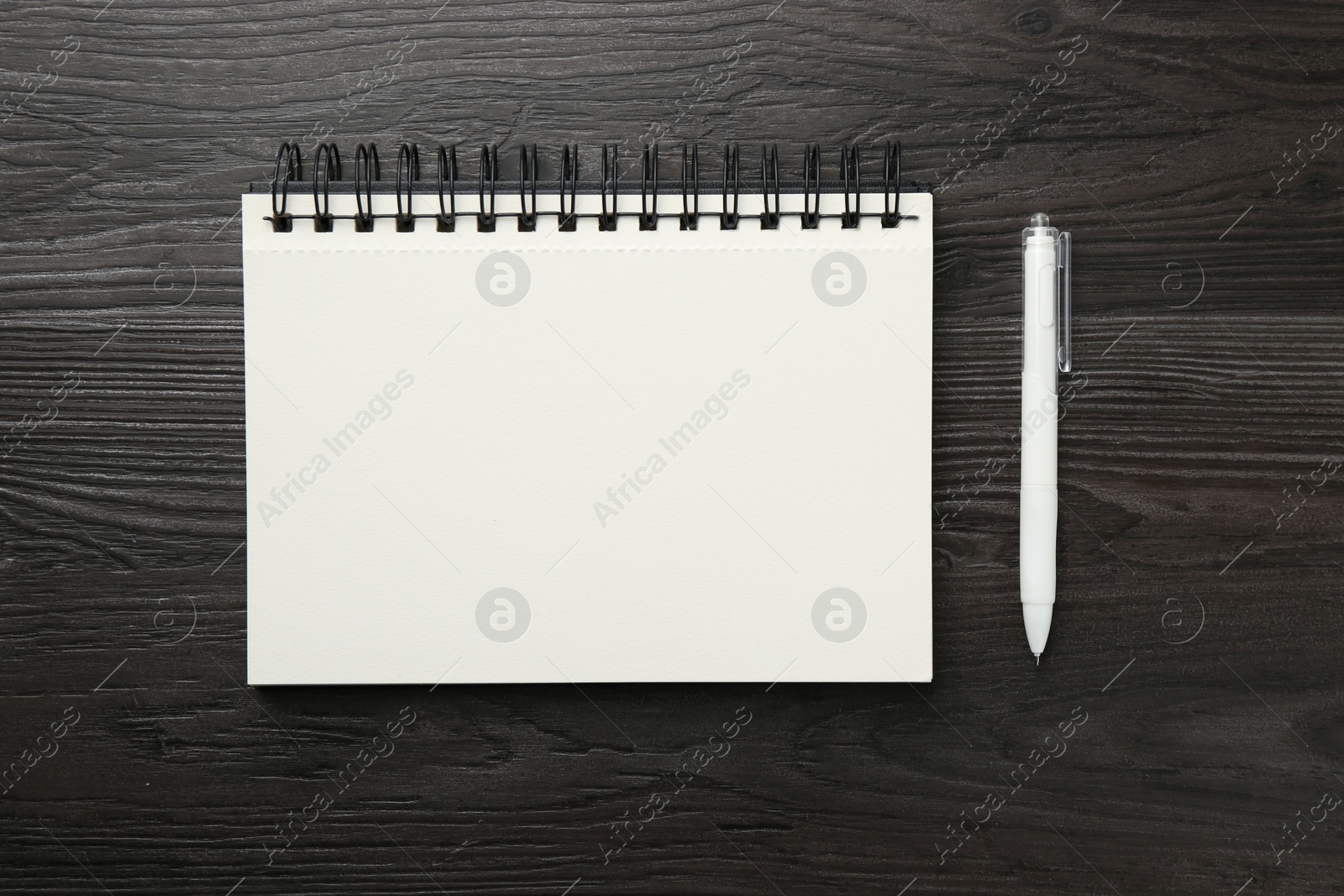 Open blank notebook and pen on black wooden table, top view Photo of Open blank notebook and pen on black wooden table, top view