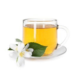 Photo of Aromatic jasmine tea in glass cup, flowers and green leaves isolated on white