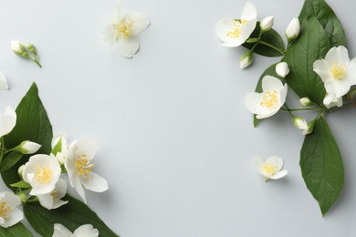 Photo of Beautiful jasmine flowers with leaves on light background, flat lay. Space for text