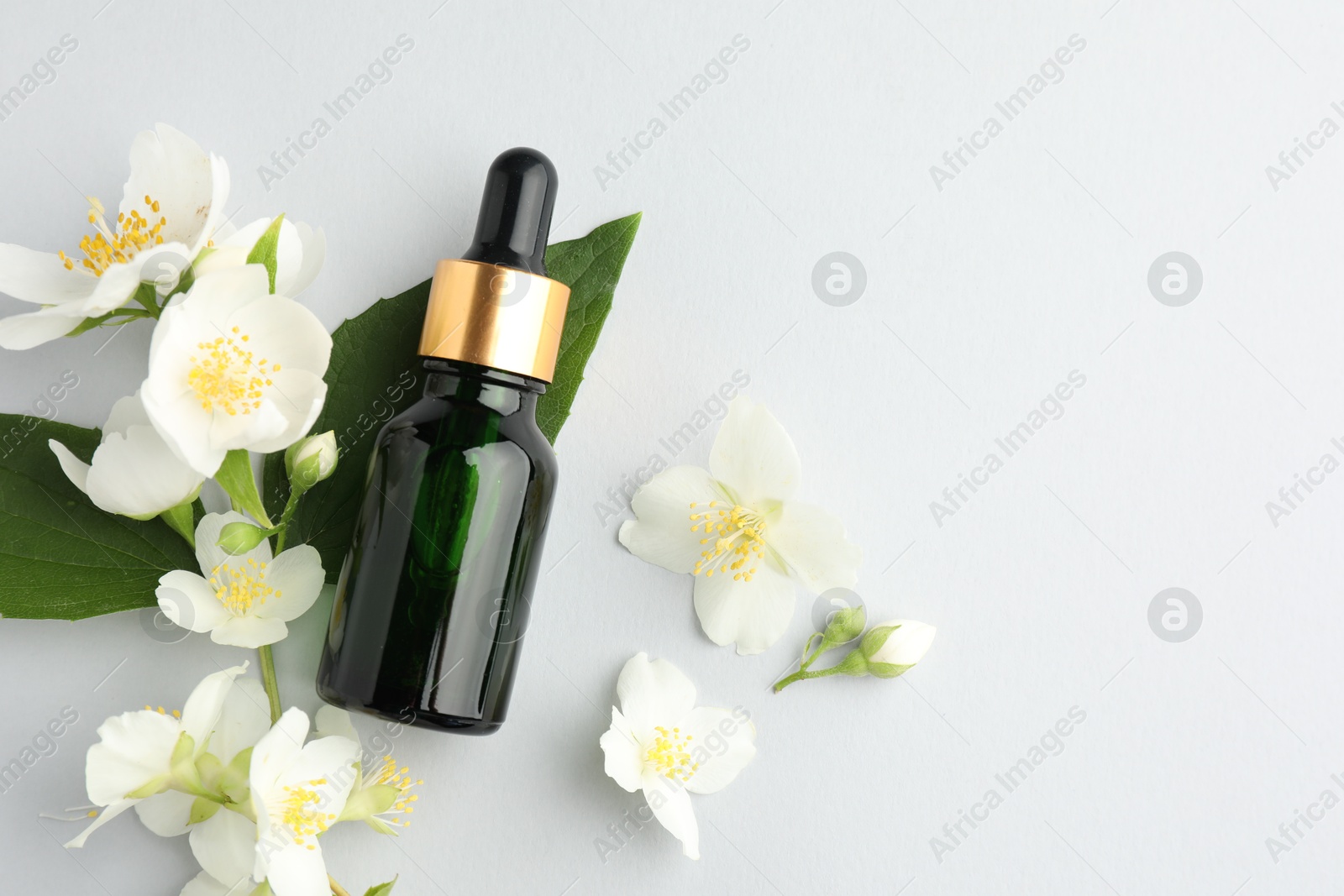 Cosmetic product and jasmine flowers on light background, flat lay. Space for text Photo of Cosmetic product and jasmine flowers on light background, flat lay. Space for text