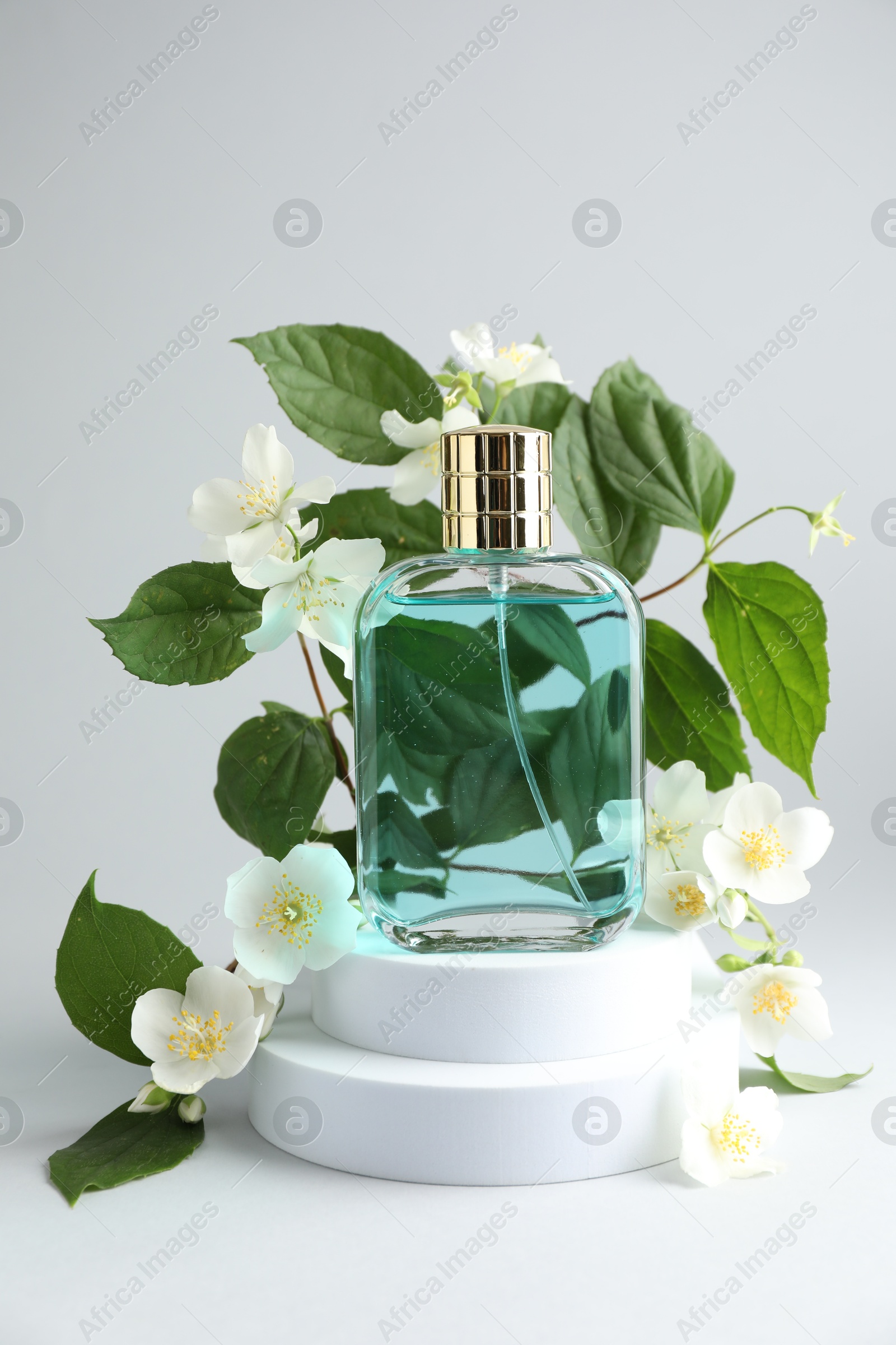 Bottle of perfume and jasmine flowers on light background Photo of Bottle of perfume and jasmine flowers on light background