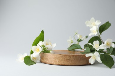 Photo of Beautiful jasmine flowers with leaves on light background. Space for text