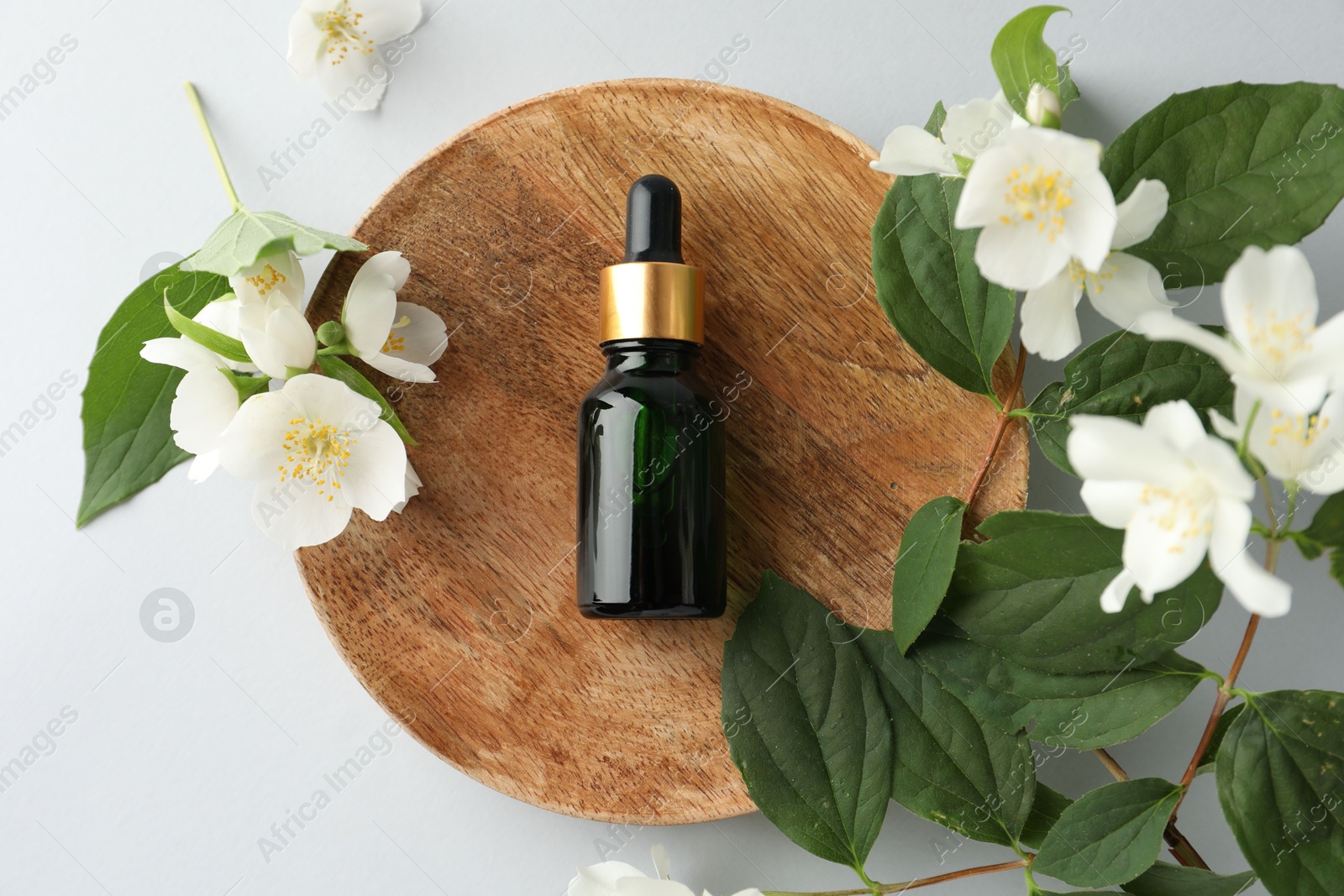 Cosmetic product and jasmine flowers on white background, flat lay Photo of Cosmetic product and jasmine flowers on white background, flat lay