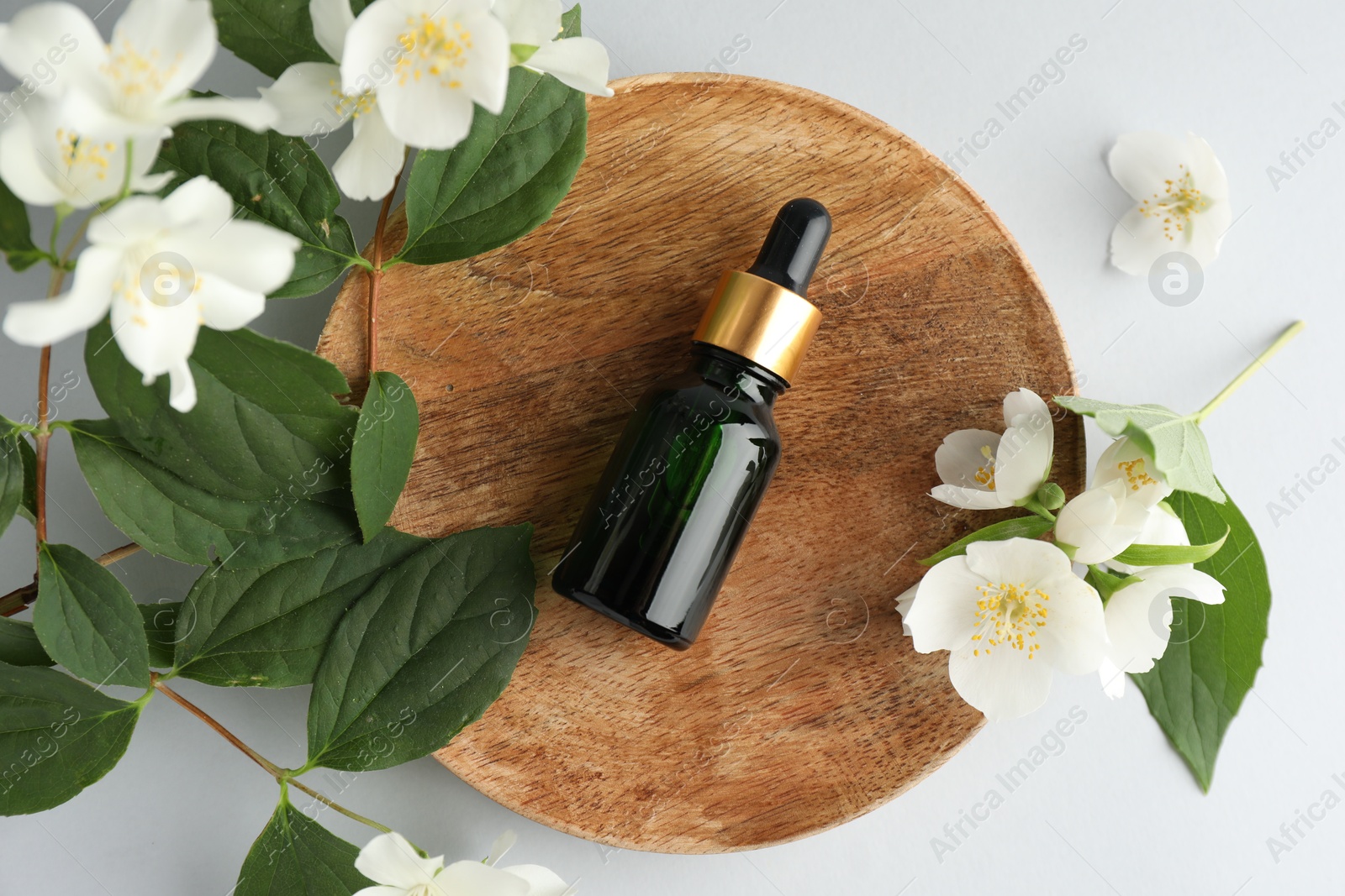 Cosmetic product and jasmine flowers on white background, flat lay Photo of Cosmetic product and jasmine flowers on white background, flat lay