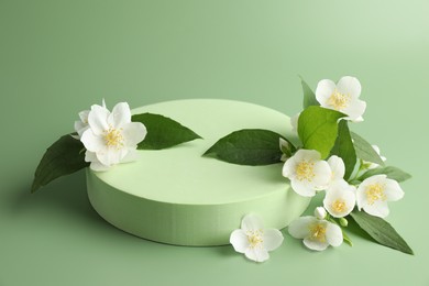 Photo of Beautiful jasmine flowers with leaves on green background