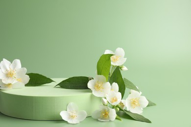 Photo of Beautiful jasmine flowers with leaves on green background. Space for text