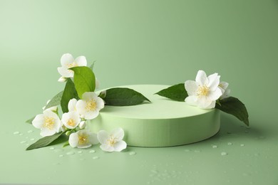 Photo of Beautiful jasmine flowers with leaves on green background