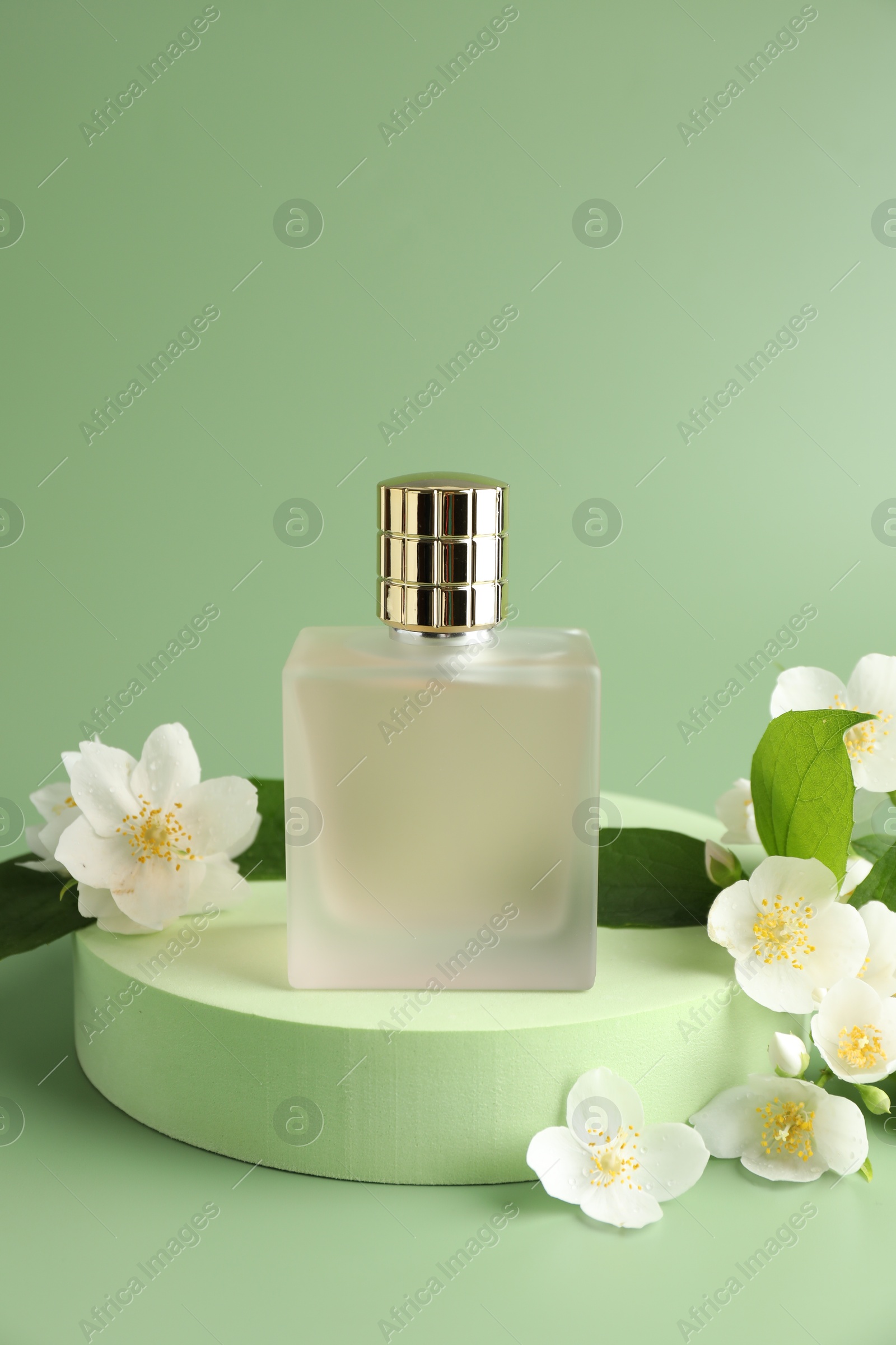 Bottle of perfume and jasmine flowers on green background. Space for text Photo of Bottle of perfume and jasmine flowers on green background. Space for text