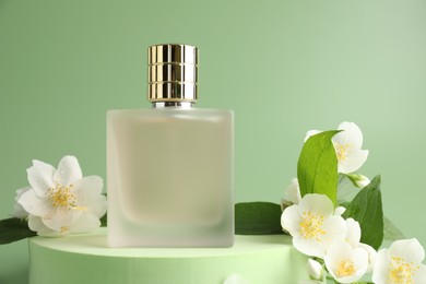 Photo of Bottle of perfume and jasmine flowers on green background, closeup