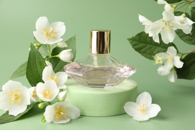 Photo of Bottle of perfume and jasmine flowers on green background, closeup