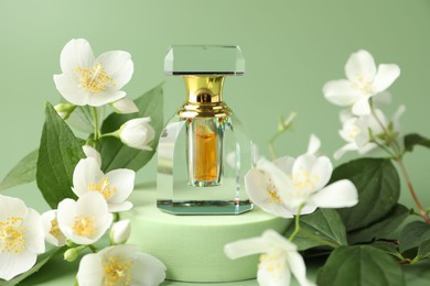 Photo of Bottle of perfume and jasmine flowers on green background, closeup