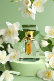 Photo of Bottle of perfume and jasmine flowers on green background, closeup