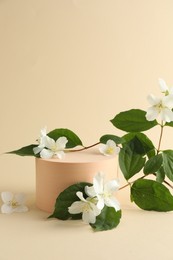 Photo of Beautiful jasmine flowers with leaves on beige background. Space for text