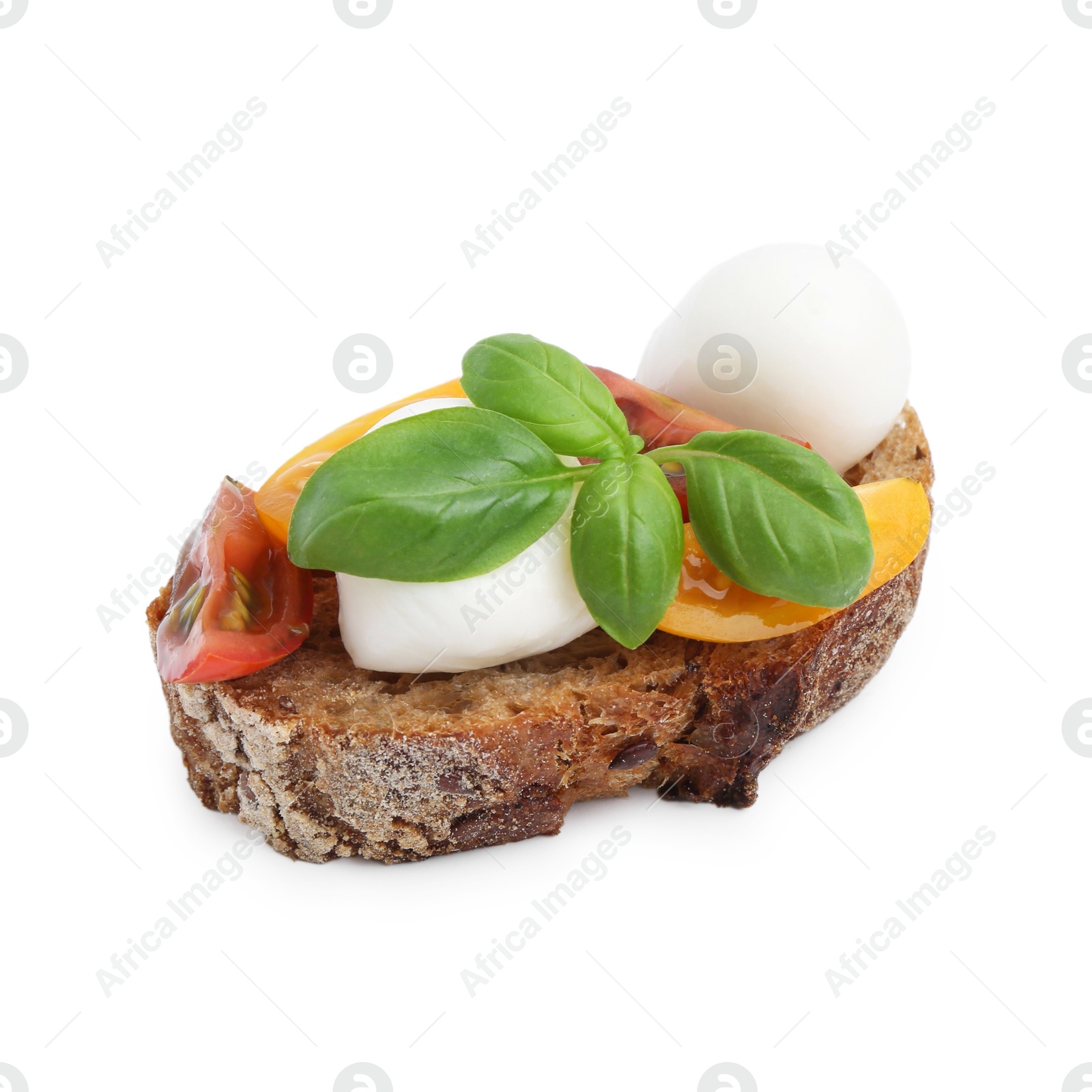 Tasty sandwich with mozzarella cheese, tomatoes and basil isolated on white Photo of Tasty sandwich with mozzarella cheese, tomatoes and basil isolated on white
