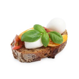 Photo of Tasty sandwich with mozzarella cheese, tomatoes and basil isolated on white