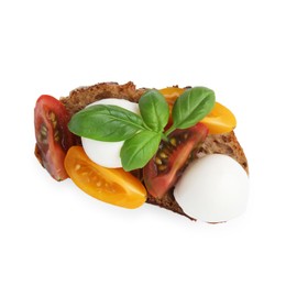 Photo of Tasty sandwich with mozzarella cheese, tomatoes and basil isolated on white, top view