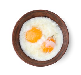 Photo of Half-boiled eggs in bowl isolated on white, top view