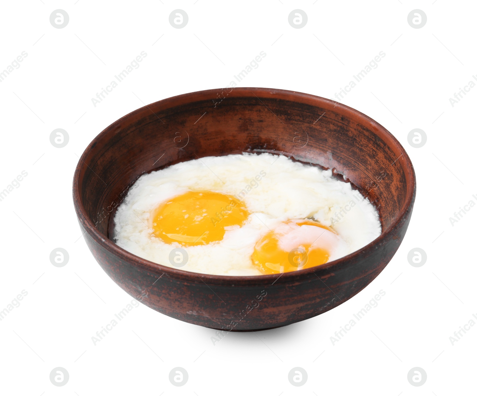 Half-boiled eggs in bowl isolated on white Photo of Half-boiled eggs in bowl isolated on white