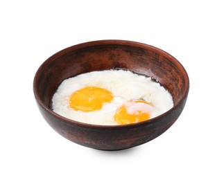 Photo of Half-boiled eggs in bowl isolated on white