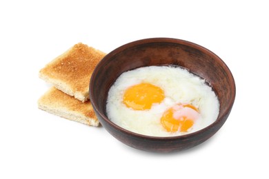 Photo of Half-boiled eggs in bowl and toasted bread isolated on white