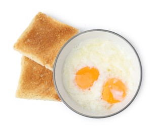 Photo of Half-boiled eggs in bowl and toasted bread isolated on white, top view