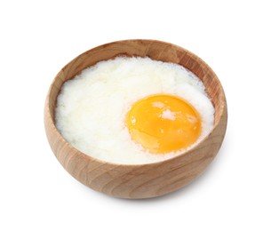 Photo of Half-boiled egg in bowl isolated on white