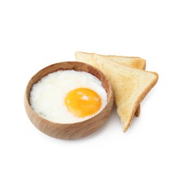 Photo of Half-boiled egg in bowl and toasted bread isolated on white