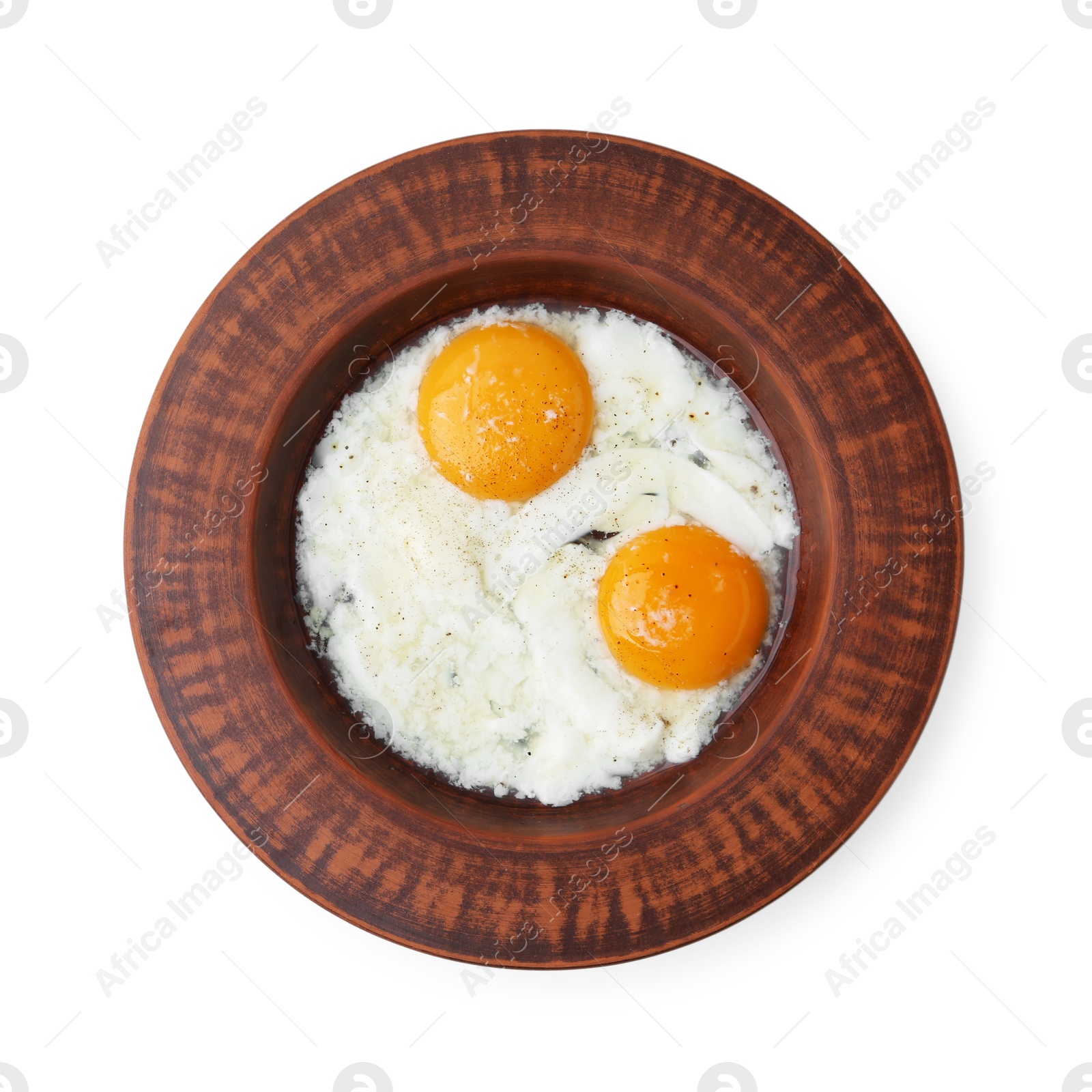 Half-boiled eggs in plate isolated on white, top view Photo of Half-boiled eggs in plate isolated on white, top view