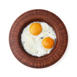 Photo of Half-boiled eggs in plate isolated on white, top view
