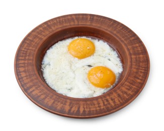 Photo of Half-boiled eggs in plate isolated on white