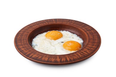 Photo of Half-boiled eggs in plate isolated on white