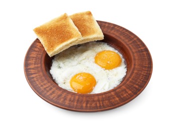 Photo of Half-boiled eggs in plate and toasted bread isolated on white