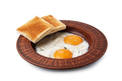 Photo of Half-boiled eggs in plate and toasted bread isolated on white