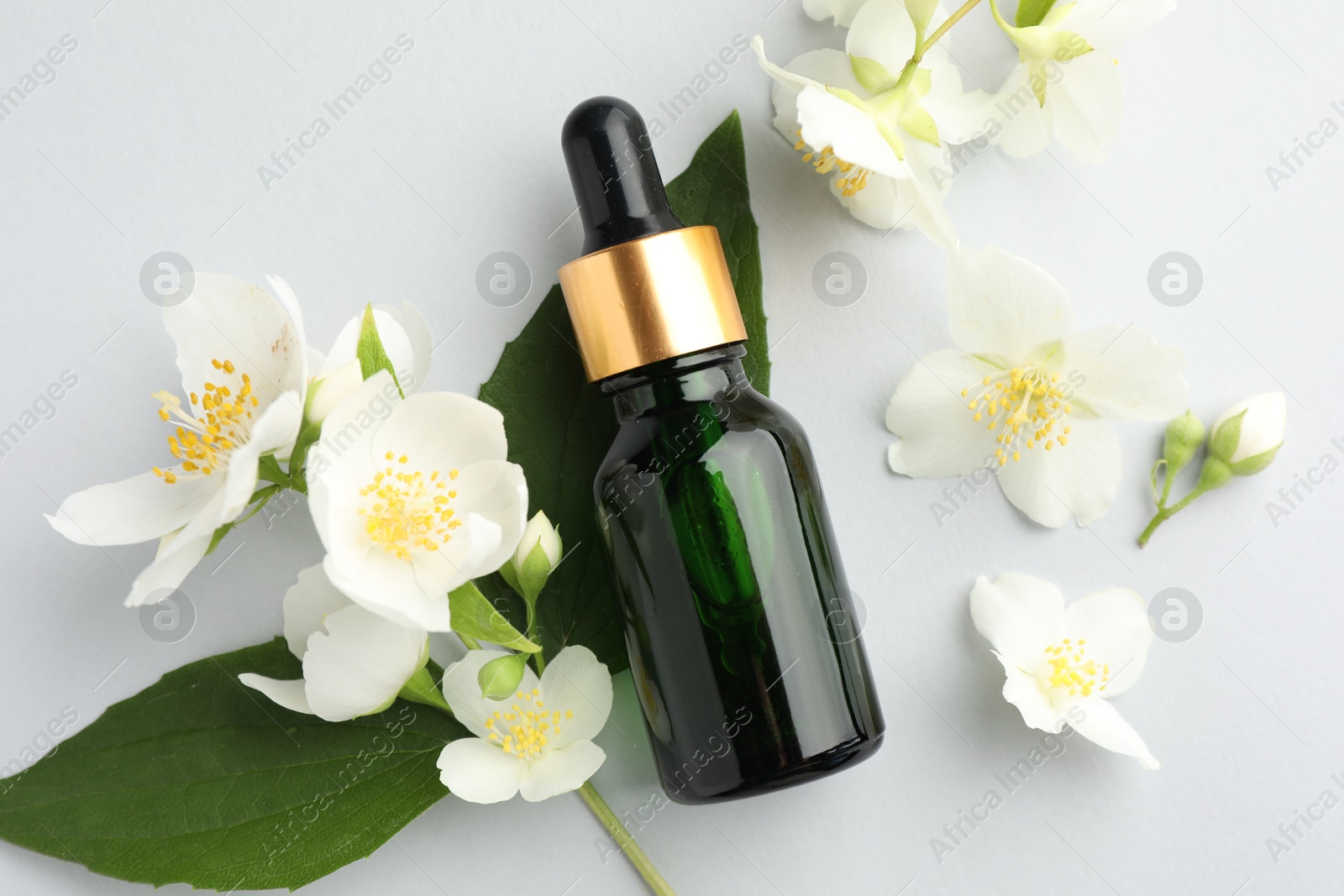 Cosmetic product and jasmine flowers on light background, flat lay Photo of Cosmetic product and jasmine flowers on light background, flat lay