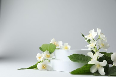 Photo of Beautiful jasmine flowers with leaves on light background