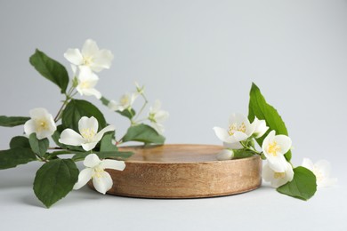 Photo of Beautiful jasmine flowers with leaves on light background. Space for text