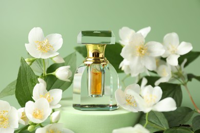 Photo of Bottle of perfume and jasmine flowers on green background, closeup