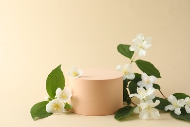 Photo of Beautiful jasmine flowers with leaves on beige background. Space for text